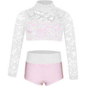 YiZYiF Girls' Kids 2 Piece Athletic Long Sleeve Turtleneck Crochet Top and Shorts set for Workout/Gymnastics/Dancing