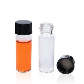 1 Dram Clear Glass Shorty Sample Lab Vials, 4ML,13-425 Black Closed Top PP Screw Cap and Natural PTFE/White Silicone 1mm Thick Septa, 144pcs/pk