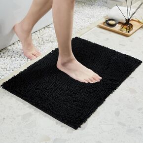TECHMILLY Soft Fluffy Chenille Bathroom Rugs, Non Slip Absorbent Bath Mats for Bathroom, Washable and Quick Dry, Black, 17" x 24"