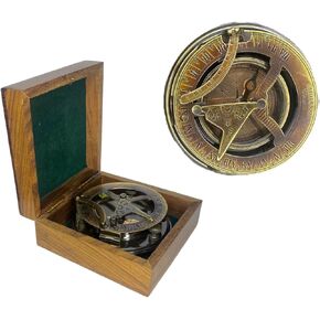 4" Medium Brass Sundial Compass with Wooden Box Mariner's - Calibrated Solid Durable Survival Antique Compass Collectible & Navigational Gift for Unisex