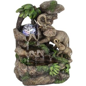 OK Lighting 11.00" H Elephant Table Fountain, Brown, Green