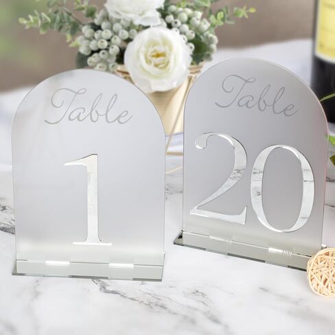 أرقام طاولة أكريليك مقوسة من RoyalDecor's 1-20 مع رقم مرآة فضية وحوامل - إكسسوارات مثالية لتزيين طاولات الزفاف - قطع مركزية صغيرة لطاولات الاستقبال - 5x7 بوصة in Saudi Arabia