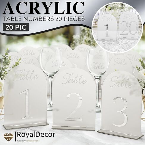 أرقام طاولة أكريليك مقوسة من RoyalDecor's 1-20 مع رقم مرآة فضية وحوامل - إكسسوارات مثالية لتزيين طاولات الزفاف - قطع مركزية صغيرة لطاولات الاستقبال - 5x7 بوصة in Saudi Arabia