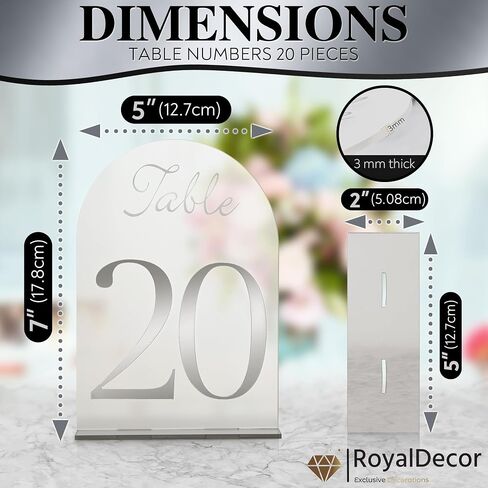 أرقام طاولة أكريليك مقوسة من RoyalDecor's 1-20 مع رقم مرآة فضية وحوامل - إكسسوارات مثالية لتزيين طاولات الزفاف - قطع مركزية صغيرة لطاولات الاستقبال - 5x7 بوصة in Saudi Arabia