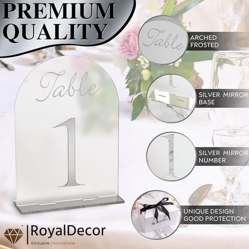 أرقام طاولة أكريليك مقوسة من RoyalDecor's 1-20 مع رقم مرآة فضية وحوامل - إكسسوارات مثالية لتزيين طاولات الزفاف - قطع مركزية صغيرة لطاولات الاستقبال - 5x7 بوصة in Saudi Arabia
