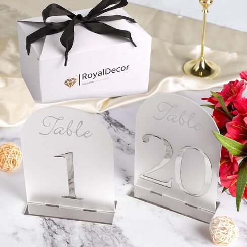 أرقام طاولة أكريليك مقوسة من RoyalDecor's 1-20 مع رقم مرآة فضية وحوامل - إكسسوارات مثالية لتزيين طاولات الزفاف - قطع مركزية صغيرة لطاولات الاستقبال - 5x7 بوصة in Saudi Arabia