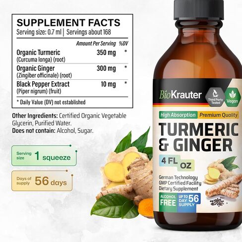 Turmeric and Ginger Supplement Tincture - Turmeric Curcumin Immune Support Drops - Organic Turmeric Supplement with Black Pepper - High Potency Vegan Formula - 4 Fl.Oz. in Saudi Arabia