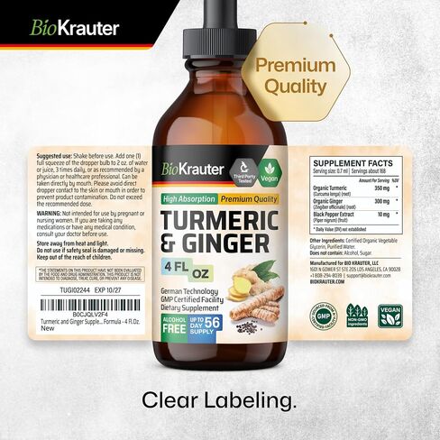 Turmeric and Ginger Supplement Tincture - Turmeric Curcumin Immune Support Drops - Organic Turmeric Supplement with Black Pepper - High Potency Vegan Formula - 4 Fl.Oz. in Saudi Arabia