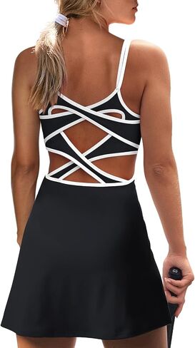 SENSERISE Womens Tennis Dress Built in Shorts & Bra Workout Skort Dress Athletic Golf Criss Cross Back Dress in Saudi Arabia