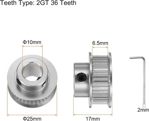 4pcs 2GT Timing Pulley 36 Teeth 10mm Bore 25mm Dia. Aluminum Timing Belt Pulley with 2mm Hex Key Wrench for 6mm Width Belt 3D Printer CNC Machine Accessories, Silver Tone in Saudi Arabia