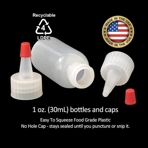 Yorker Squeeze Bottles (1oz, 25 Pack) Boston Round with Red Tip Caps - LDPE Plastic - Made in USA in Saudi Arabia