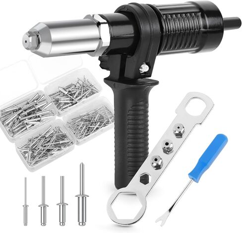 Rivet Gun Adapter Kit - 4 Convertible Heads, Wrench and 200 Blind Rivets - Ideal Cordless Rivet Tool for DIY Projects and Outdoor Use in Saudi Arabia