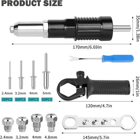 Rivet Gun Adapter Kit - 4 Convertible Heads, Wrench and 200 Blind Rivets - Ideal Cordless Rivet Tool for DIY Projects and Outdoor Use in Saudi Arabia