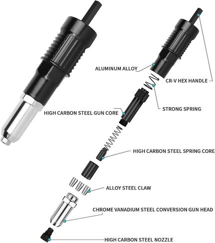 Rivet Gun Adapter Kit - 4 Convertible Heads, Wrench and 200 Blind Rivets - Ideal Cordless Rivet Tool for DIY Projects and Outdoor Use in Saudi Arabia