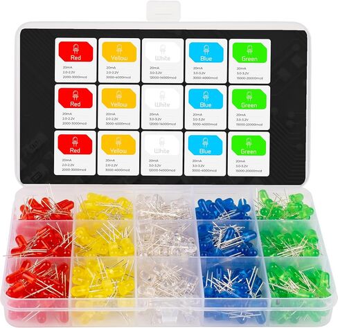 BlueStars 500pcs (5 Colors x 100pcs) 5mm Bi-pin LED Light Emitting Diode Round Assorted Color White/Red/Yellow/Green/Blue Kit Box in Saudi Arabia