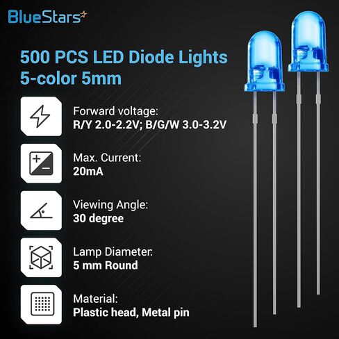 BlueStars 500pcs (5 Colors x 100pcs) 5mm Bi-pin LED Light Emitting Diode Round Assorted Color White/Red/Yellow/Green/Blue Kit Box in Saudi Arabia