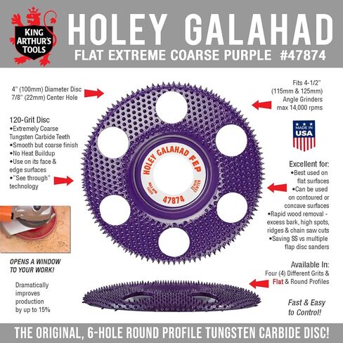 قرص King Arthur's Tools المسطح ذو اللون الأرجواني المسطح هولي جالاهاد من كربيد التنجستن للأعمال الخشبية والتشكيل والتنعيم - تجويف 7/8 بوصة، يناسب معظم المطاحن الزاوية القياسية 4 1/2 بوصة، 115-125 مم #47874 FEP in Kuwait