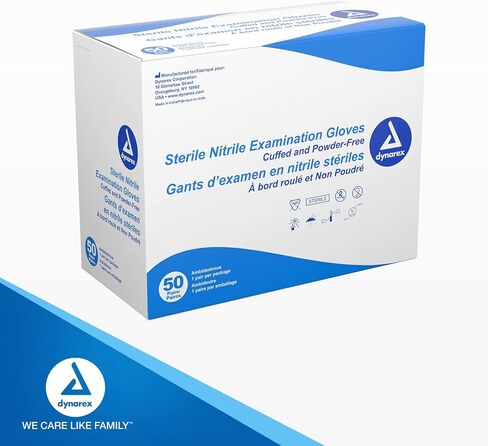 Dynarex Sterile Disposable Nitrile Exam Gloves, Powder-Free, Sterilely Packaged in Pairs, Textured Palms, Blue, Large, 1 Box of 50 Pairs in Saudi Arabia