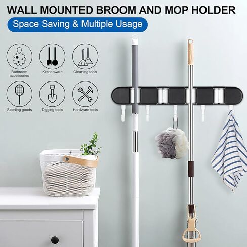 حامل مكنسة وممسحة مثبت على الحائط، رف أدوات تخزين مكنسة الممسحة مع 4 رفوف و5 خطافات، منظم مكنسة الممسحة، منظم أدوات الحديقة مع خطافات لاصقة لسقيفة المطبخ ومرآب الغسيل المنزلي، أسود in Kuwait