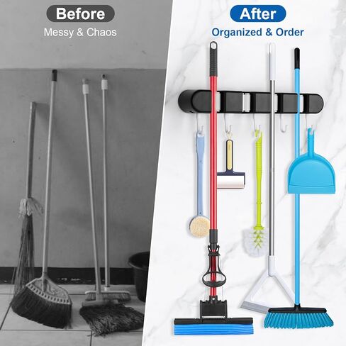 حامل مكنسة وممسحة مثبت على الحائط، رف أدوات تخزين مكنسة الممسحة مع 4 رفوف و5 خطافات، منظم مكنسة الممسحة، منظم أدوات الحديقة مع خطافات لاصقة لسقيفة المطبخ ومرآب الغسيل المنزلي، أسود in Kuwait