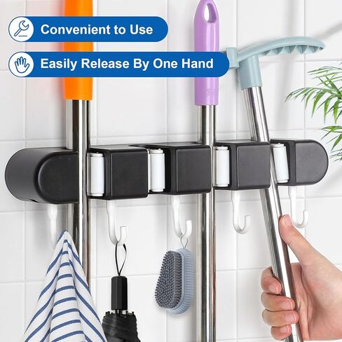 حامل مكنسة وممسحة مثبت على الحائط، رف أدوات تخزين مكنسة الممسحة مع 4 رفوف و5 خطافات، منظم مكنسة الممسحة، منظم أدوات الحديقة مع خطافات لاصقة لسقيفة المطبخ ومرآب الغسيل المنزلي، أسود in Kuwait