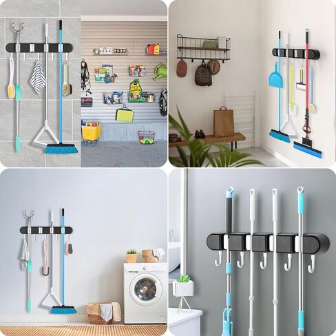 حامل مكنسة وممسحة مثبت على الحائط، رف أدوات تخزين مكنسة الممسحة مع 4 رفوف و5 خطافات، منظم مكنسة الممسحة، منظم أدوات الحديقة مع خطافات لاصقة لسقيفة المطبخ ومرآب الغسيل المنزلي، أسود in Kuwait