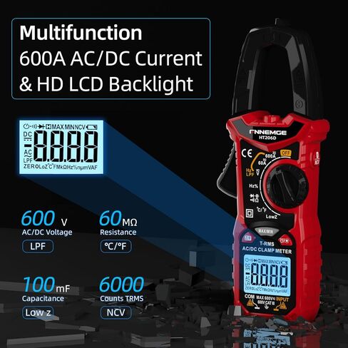 HT206D المشبك متر، 6000 التهم السيارات المدى المتعدد 600A AC / DC الحالي، 600V AC / DC الجهد مع الخلفية LCD، السعة، الاستمرارية، المقاومة، واجب، الثنائيات، Frecruncy، درجة الحرارة، NCV in Saudi Arabia