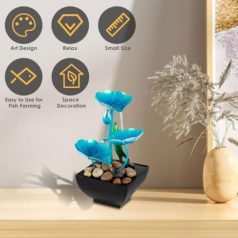 Tabletop Fountain Meditation Water Fountain Creative Flower Mini Waterfall Fountain Decorations Sound Relaxation Lotus Ornament USB Powered for Table Office Bedroom(Blue) in Saudi Arabia