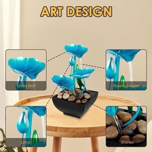 Tabletop Fountain Meditation Water Fountain Creative Flower Mini Waterfall Fountain Decorations Sound Relaxation Lotus Ornament USB Powered for Table Office Bedroom(Blue) in Saudi Arabia