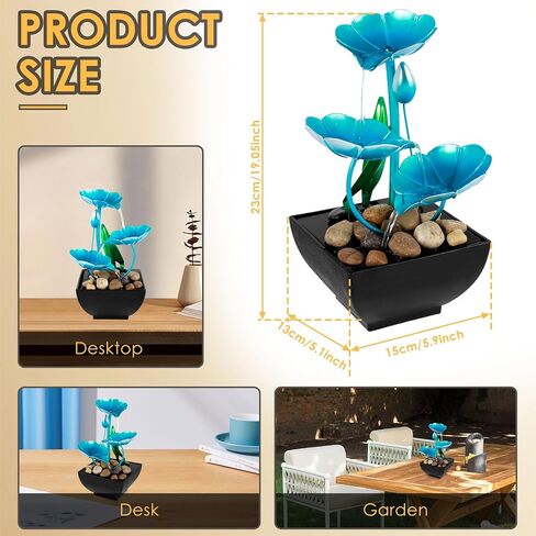 Tabletop Fountain Meditation Water Fountain Creative Flower Mini Waterfall Fountain Decorations Sound Relaxation Lotus Ornament USB Powered for Table Office Bedroom(Blue) in Saudi Arabia
