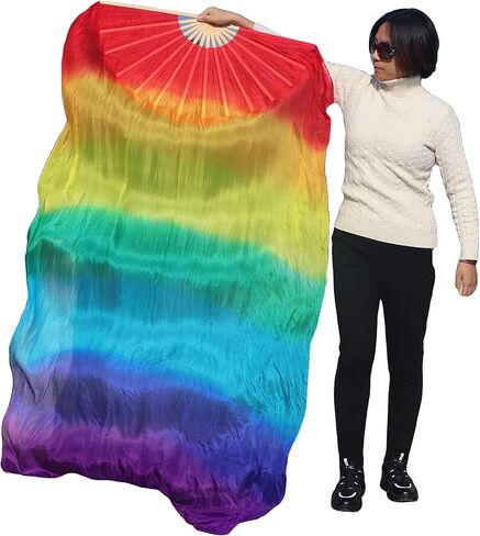 Winged Sirenny Large Single Silk Fan Veil 70"x 45", worship praise Adoration belly dance flag streamer (black-purple-pink) in Saudi Arabia