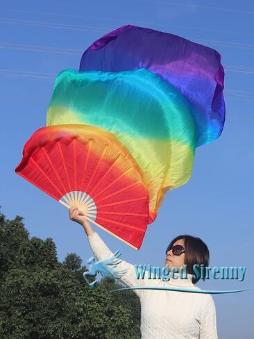 Winged Sirenny Large Single Silk Fan Veil 70"x 45", worship praise Adoration belly dance flag streamer (black-purple-pink) in Saudi Arabia