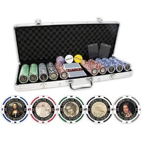 DA VINCI Masterworks Poker Chip Set with 500 Chips with Denominations, 2 Decks of Cards, 3 Dealer Buttons and 2 Cut Cards