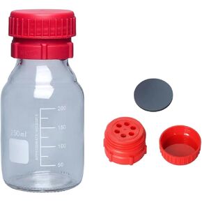 250ml Reagent Media Bottle, Graduated Glass Round Media Storage Bottle with Red double cover GL45 Screw Cap, Wide Mouth Lab Reagent Bottle, Clear,Pack of 1