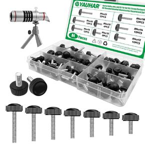 84Pcs 7 Size Carbon Steel M4 Threaded Knurled Thumbscrew Assortment Set, M4 x 10/12/16/18/20/25mm Black Round Male Clamping Knob Grips Thumb Screw for Repairing Machine