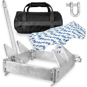 Young Marine Boat Slide Folding Anchor Kit, Hot Dipped Galvanized Sliding Anchor with Nylon Anchor Rope,Shackle,Storage Bag for 24ft to 40ft Offshore Sport Boats, Pontoon Boats