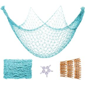 Fish Net Decorations, Wall Hanging Photo Display with 30 Clips, Fishing Net Decor for Pirate Decorations, Ocean Nautical Decor, Beach Themed Party, Home, Bedroom, 79x59 Inch (Aqua)