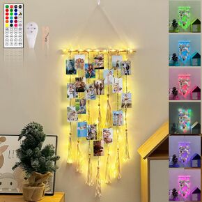 عرض صور معلق بـ 16 لونًا مع 105 مصباح LED، وإطارات صور مجمعة من Boho Macrame لتزيين الحائط لغرفة النوم وغرفة المعيشة وغرفة المعيشة، ولوحة حامل للصور مع مشابك خشبية عن بعد RGB
