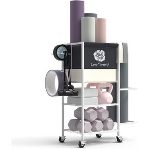 Yoga Mat Storage Rack，Home Gym Storage Rack Gym Workout Equipment Storage Organizer Fitness Weight Rack on Wheels for Yoga Mat,Yoga Block,Foam Roller,Resistance Band,Dumbbell,Kettlebell and Other Workout Accessories