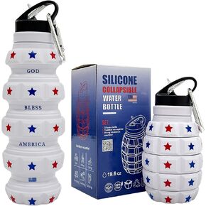 Independence Day Collapsible Water Bottle 19.6oz - American Flag Water Bottle with Stars for 4th of July - Dad Gifts for Flag Day and Patriot Day - 4th of July Accessories - God Bless America Decor