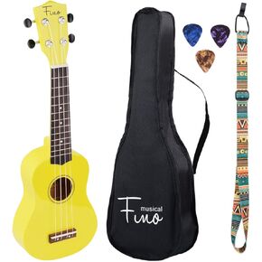 FINO Beginner Ukulele 21 Inch Soprano Ukelele for Kids Four String Wood Children Ukulele with Gig Bag (Yellow)