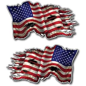 2 pack New Tattered Waving USA American Flag Vinyl Decal Army Navy Military Country Stickers Car Truck 4" x 7" 1 regular 1 mirrored reverse left facing right facing backwards