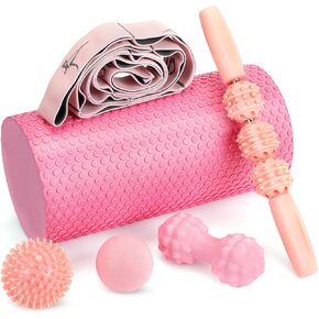 6 Pcs Pink Foam Roller Set Includes Peanut Massage Ball, Back Roller, Massage Roller Stick, 2 Foot Stretching Strap, and Fasciitis Ball for Exercise Physical Body Therapy Yoga Massager
