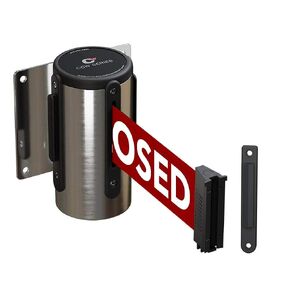 Crowd Control Warehouse CCW-05-022-01156_FBM_02 Series WMB-125 Fixed Wall Mount Retractable Belt Barrier with Stainless Steel Case, Red "This LINE is Closed" Belt, 11' Belt Length