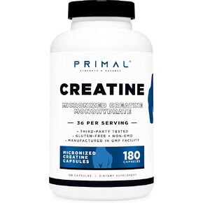 Primal Creatine Monohydrate (3,000 Mg, 180 Caps) - Micronized Creatine Supplement, 750mg Per Capsule, Great for Preworkout and Recovery - Gluten-Free, Non-GMO