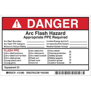Brady 121080 Vinyl Write-On Arc Flash Labels (Danger) , Black/Red On White, 4" Height x 6" Width, Legend "Danger Arc Flash & Shock Hazard Appropriate Ppe Required Flash Protection Boundary____..., Etc." (5 Labels per Package)