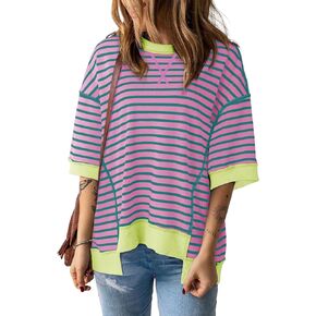 Womens Summer Tops Casual Crewneck Short Sleeve Sweatshirt Striped Color Block Trendy Pullover Knitted T Shirts Blouse