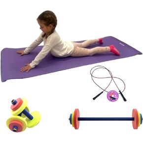 Fun & Fitness for Kids® Complete Fitness Set, Dumbbells, Barbell Set, Foam Yoga Mat, Adjustable Jump Rope, Jump Rope Trainer Video