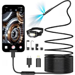 Dual-Lens Endoscope Camera with Light,Borescope with 8 Adjustable LED Lights 1920P HD,16.5ft Semi-Rigid,IP67Waterproof USB Inspection Camera for iPhone,with LED Headlamp Gadgets for Men