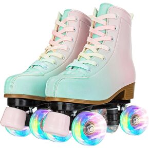Tmore Quad Roller Skates for Women and Girls, Double-Row Light Up Roller Skate for Indoor Outdoor High Top PU Leather Kids Roller Skates Four-Wheel Adjustable Skates